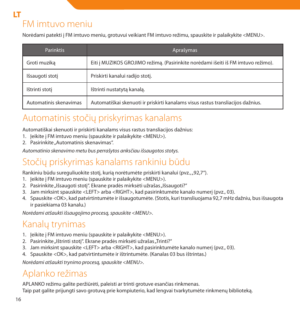 Fm imtuvo meniu, Automatinis stočių priskyrimas kanalams, Stočių priskyrimas kanalams rankiniu būdu | Kanalų trynimas, Aplanko režimas | Acme V-160 User Manual | Page 16 / 70