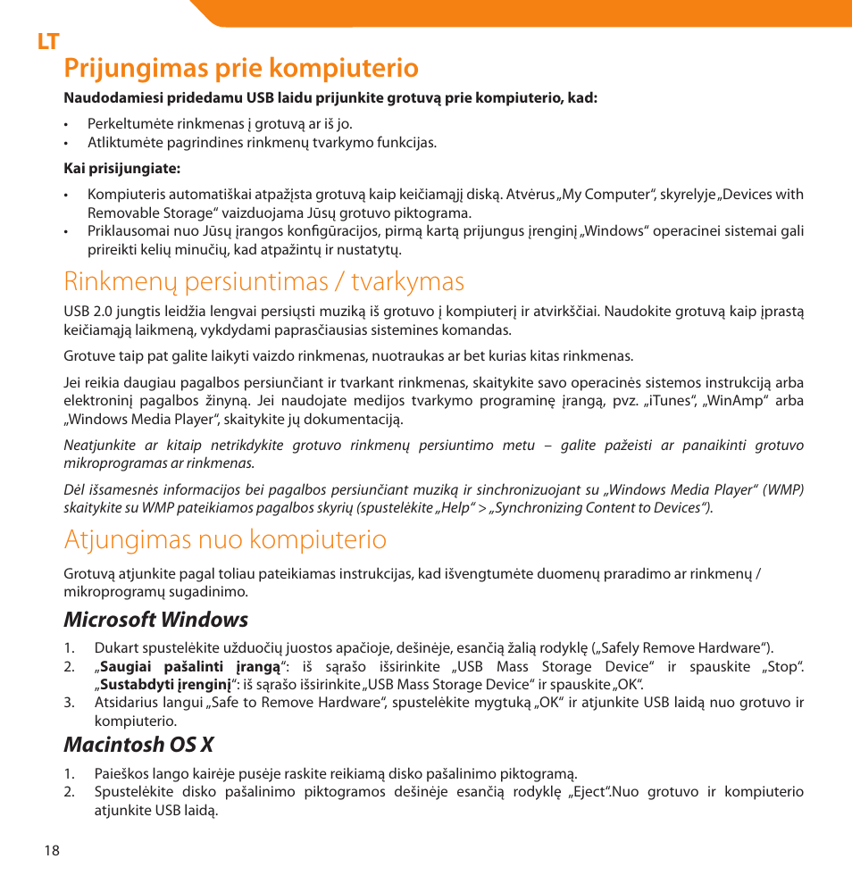 Prijungimas prie kompiuterio, Rinkmenų persiuntimas / tvarkymas, Atjungimas nuo kompiuterio | Microsoft windows, Macintosh os x | Acme V-160 User Manual | Page 18 / 70