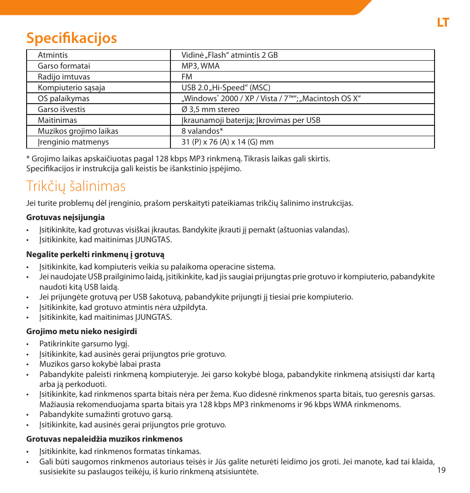 Specifikacijos, Trikčių šalinimas | Acme V-160 User Manual | Page 19 / 70