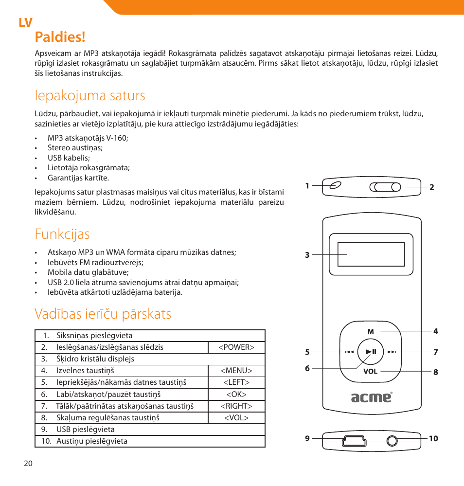 Paldies, Iepakojuma saturs, Funkcijas | Vadības ierīču pārskats | Acme V-160 User Manual | Page 20 / 70