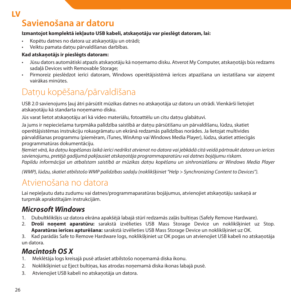 Savienošana ar datoru, Datņu kopēšana/pārvaldīšana, Atvienošana no datora | Microsoft windows, Macintosh os x | Acme V-160 User Manual | Page 26 / 70