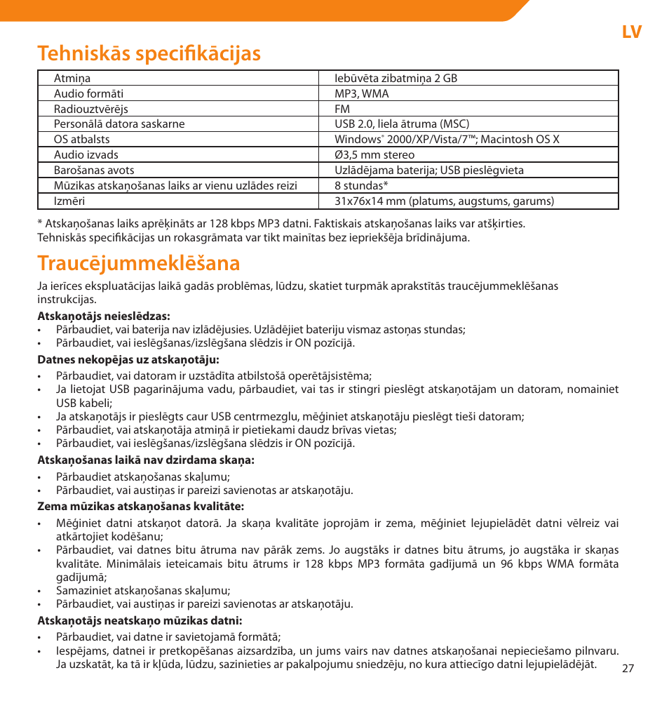 Tehniskās specifikācijas, Traucējummeklēšana | Acme V-160 User Manual | Page 27 / 70