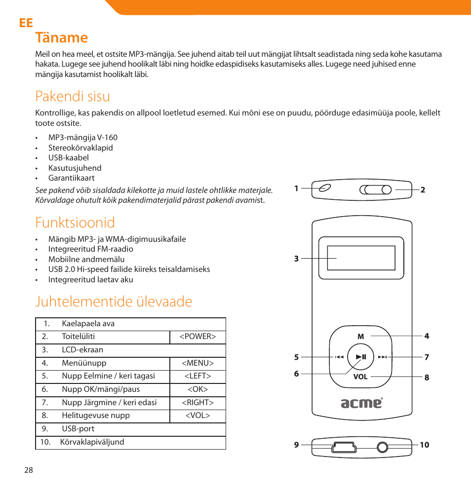 Täname, Pakendi sisu, Funktsioonid | Juhtelementide ülevaade | Acme V-160 User Manual | Page 28 / 70