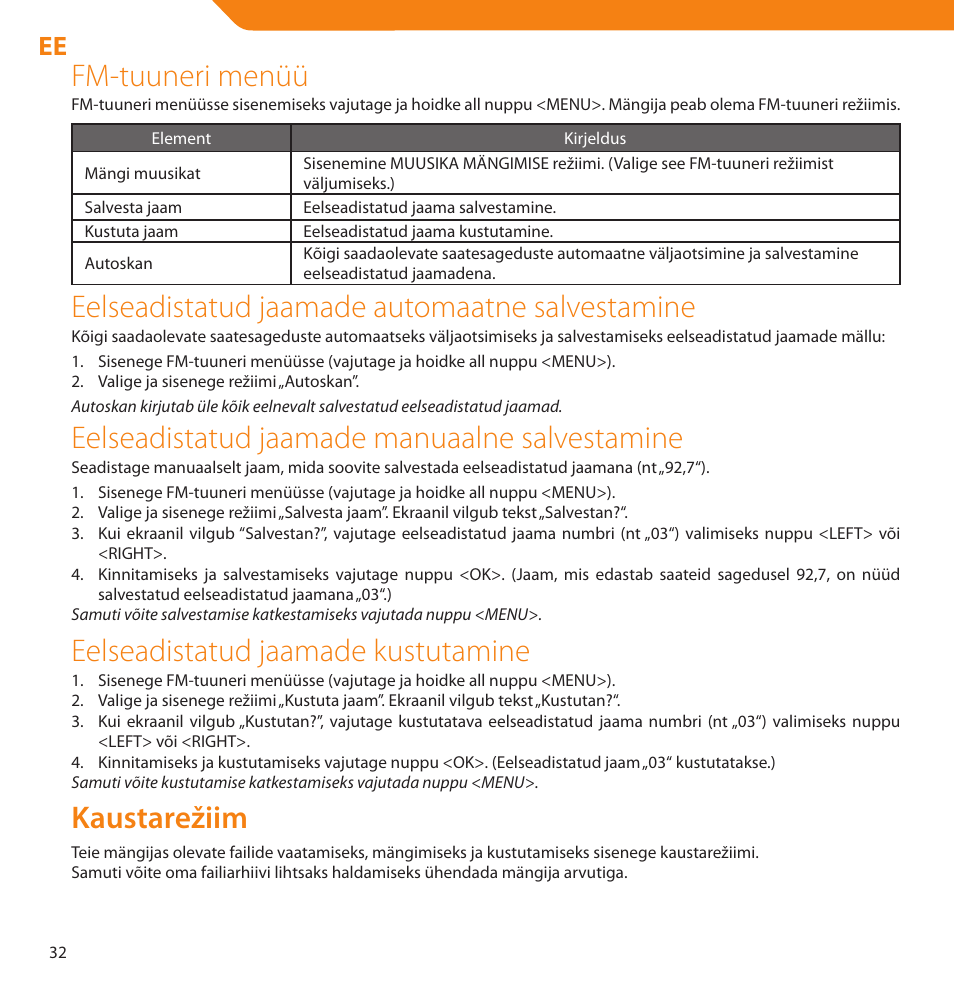 Fm-tuuneri menüü, Eelseadistatud jaamade automaatne salvestamine, Eelseadistatud jaamade manuaalne salvestamine | Eelseadistatud jaamade kustutamine, Kaustarežiim | Acme V-160 User Manual | Page 32 / 70