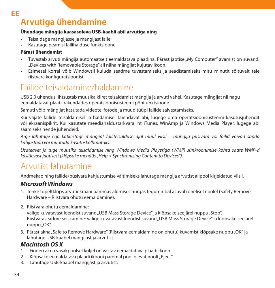 Arvutiga ühendamine, Failide teisaldamine/haldamine, Arvutist lahutamine | Acme V-160 User Manual | Page 34 / 70