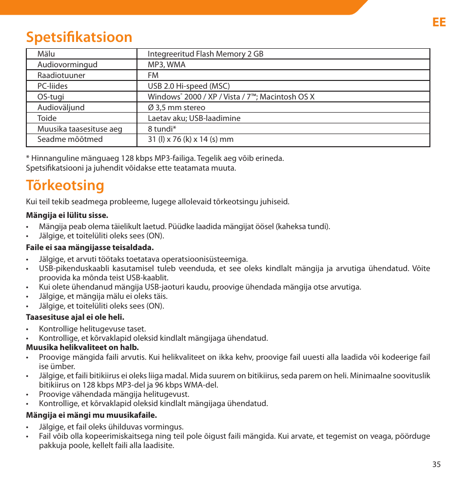 Spetsifikatsioon, Tõrkeotsing | Acme V-160 User Manual | Page 35 / 70