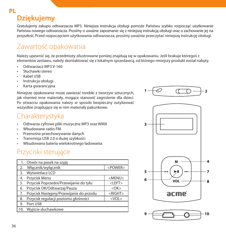 Dziękujemy, Zawartość opakowania, Charakterystyka | Przyciski sterujące | Acme V-160 User Manual | Page 36 / 70