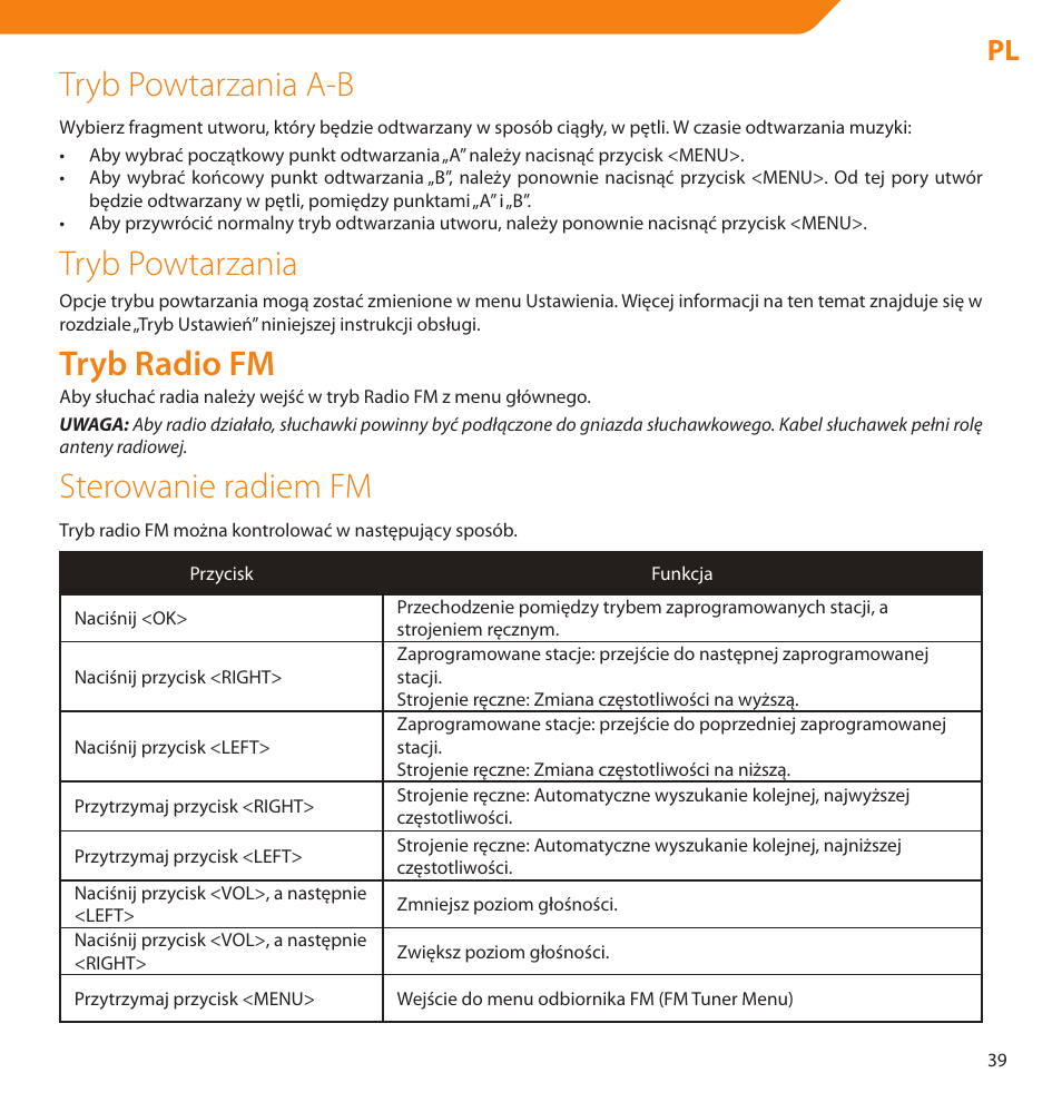 Tryb powtarzania a-b, Tryb powtarzania, Tryb radio fm | Sterowanie radiem fm | Acme V-160 User Manual | Page 39 / 70