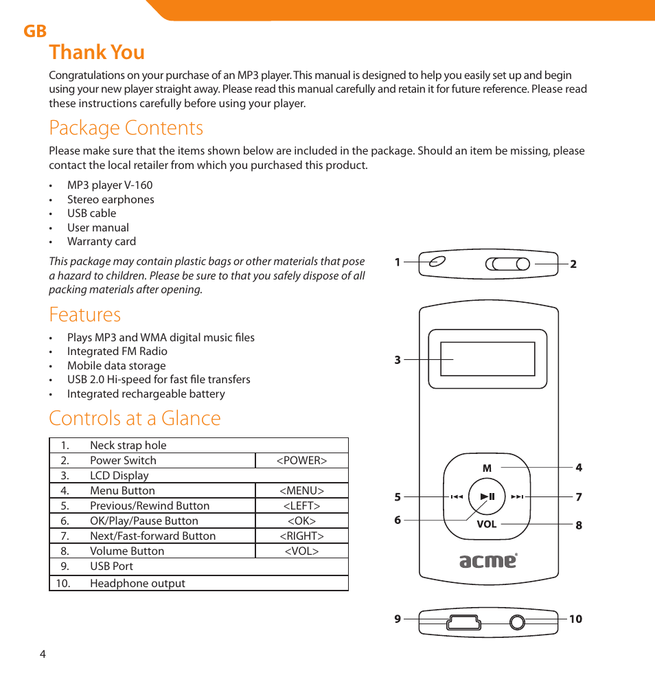 Package contents, Features, Controls at a glance | Acme V-160 User Manual | Page 4 / 70