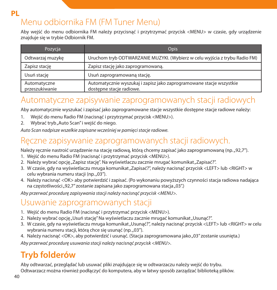 Menu odbiornika fm (fm tuner menu), Usuwanie zaprogramowanych stacji, Tryb folderów | Acme V-160 User Manual | Page 40 / 70