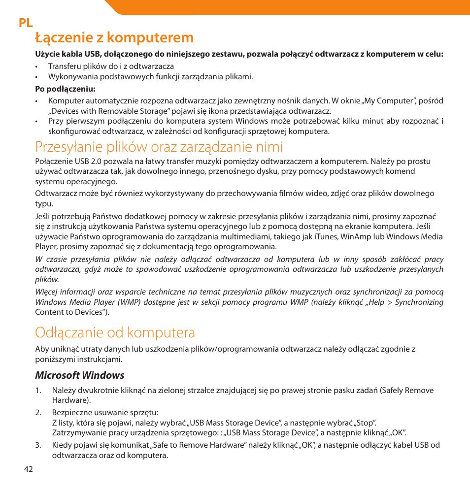 Łączenie z komputerem, Przesyłanie plików oraz zarządzanie nimi, Odłączanie od komputera | Acme V-160 User Manual | Page 42 / 70