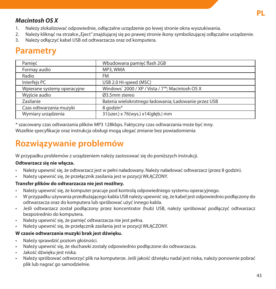 Parametry, Rozwiązywanie problemów, Macintosh os x | Acme V-160 User Manual | Page 43 / 70