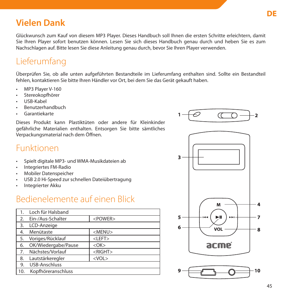 Vielen dank, Lieferumfang, Funktionen | Bedienelemente auf einen blick | Acme V-160 User Manual | Page 45 / 70