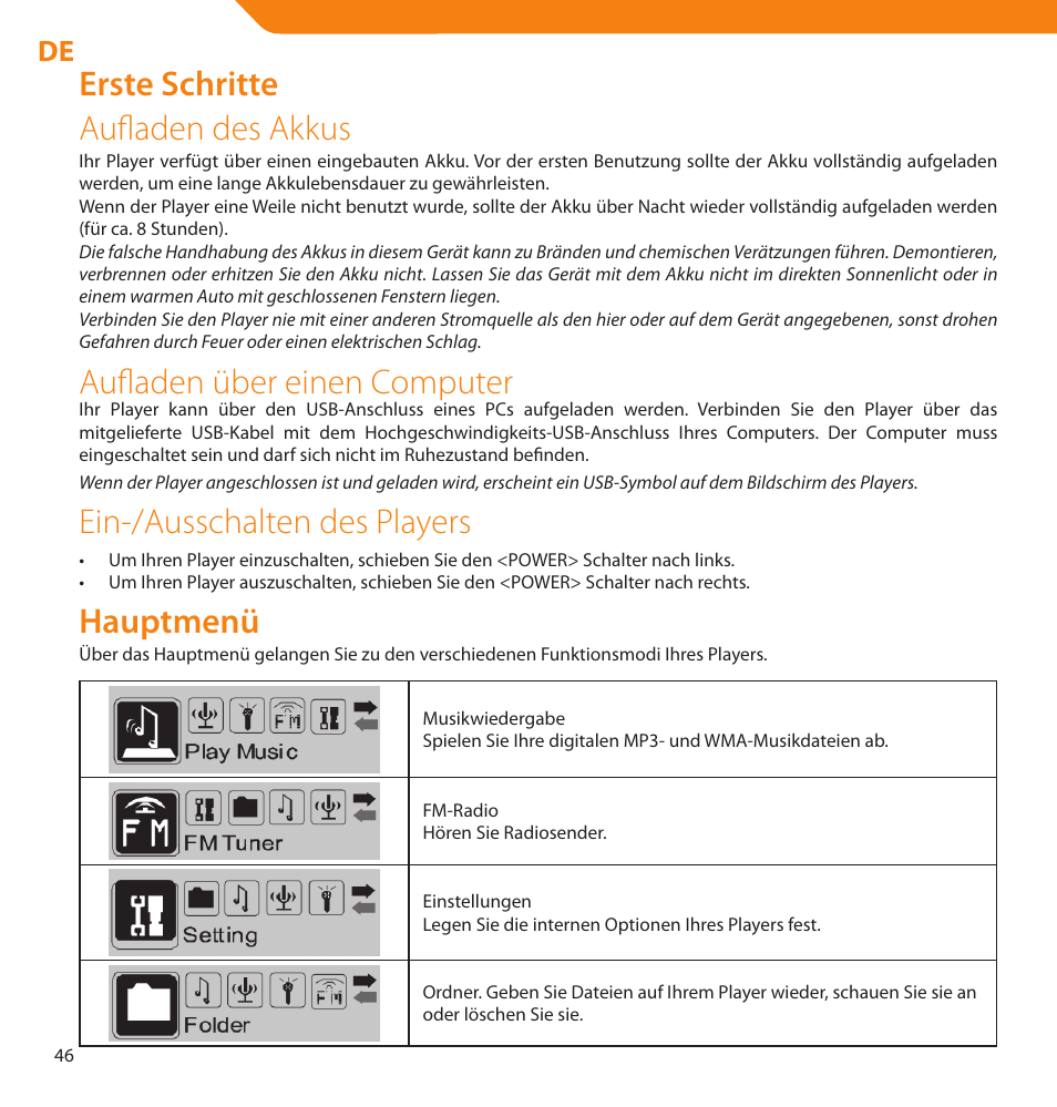 Erste schritte aufladen des akkus, Aufladen über einen computer, Ein-/ausschalten des players | Hauptmenü | Acme V-160 User Manual | Page 46 / 70