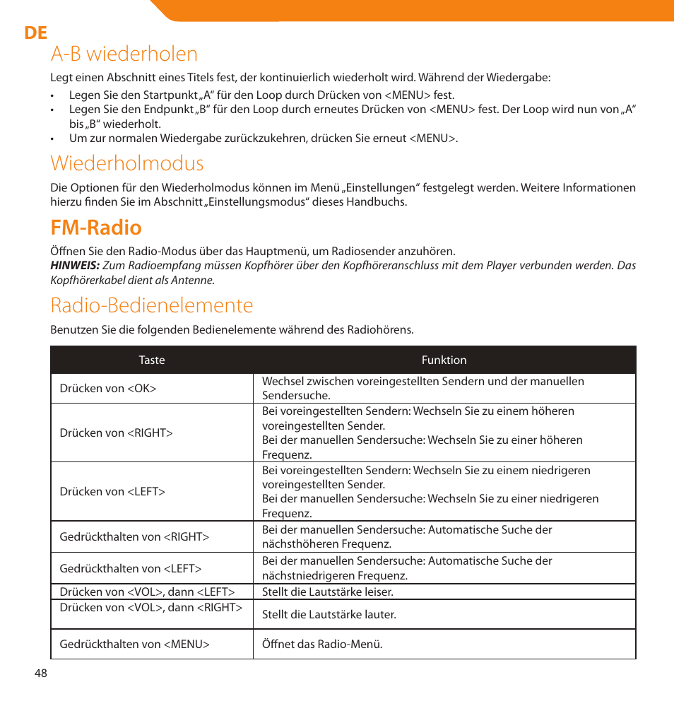 A-b wiederholen, Wiederholmodus, Fm-radio | Radio-bedienelemente | Acme V-160 User Manual | Page 48 / 70