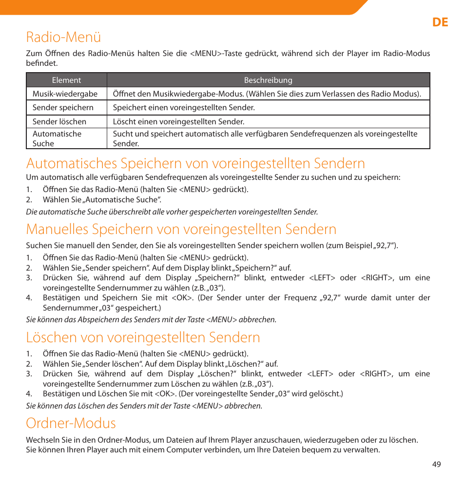 Radio-menü, Manuelles speichern von voreingestellten sendern, Löschen von voreingestellten sendern | Ordner-modus | Acme V-160 User Manual | Page 49 / 70