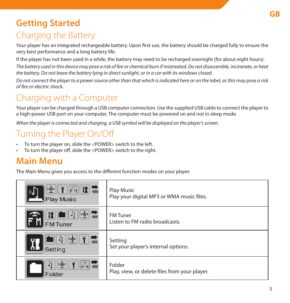 Getting started charging the battery, Charging with a computer, Turning the player on/off | Main menu | Acme V-160 User Manual | Page 5 / 70