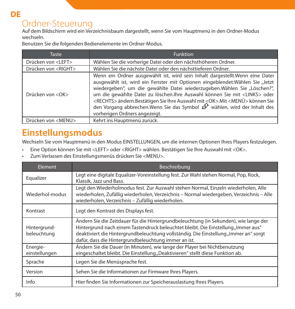 Ordner-steuerung, Einstellungsmodus | Acme V-160 User Manual | Page 50 / 70