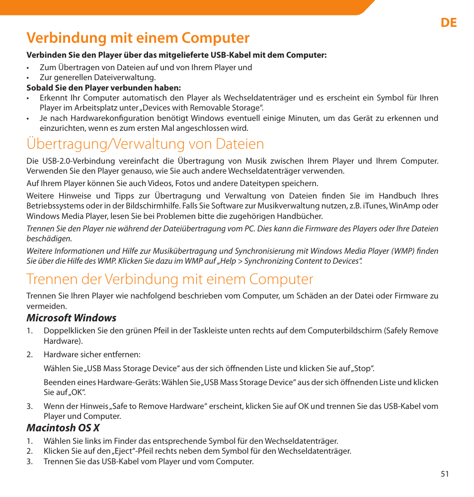 Verbindung mit einem computer, Übertragung/verwaltung von dateien, Trennen der verbindung mit einem computer | Acme V-160 User Manual | Page 51 / 70