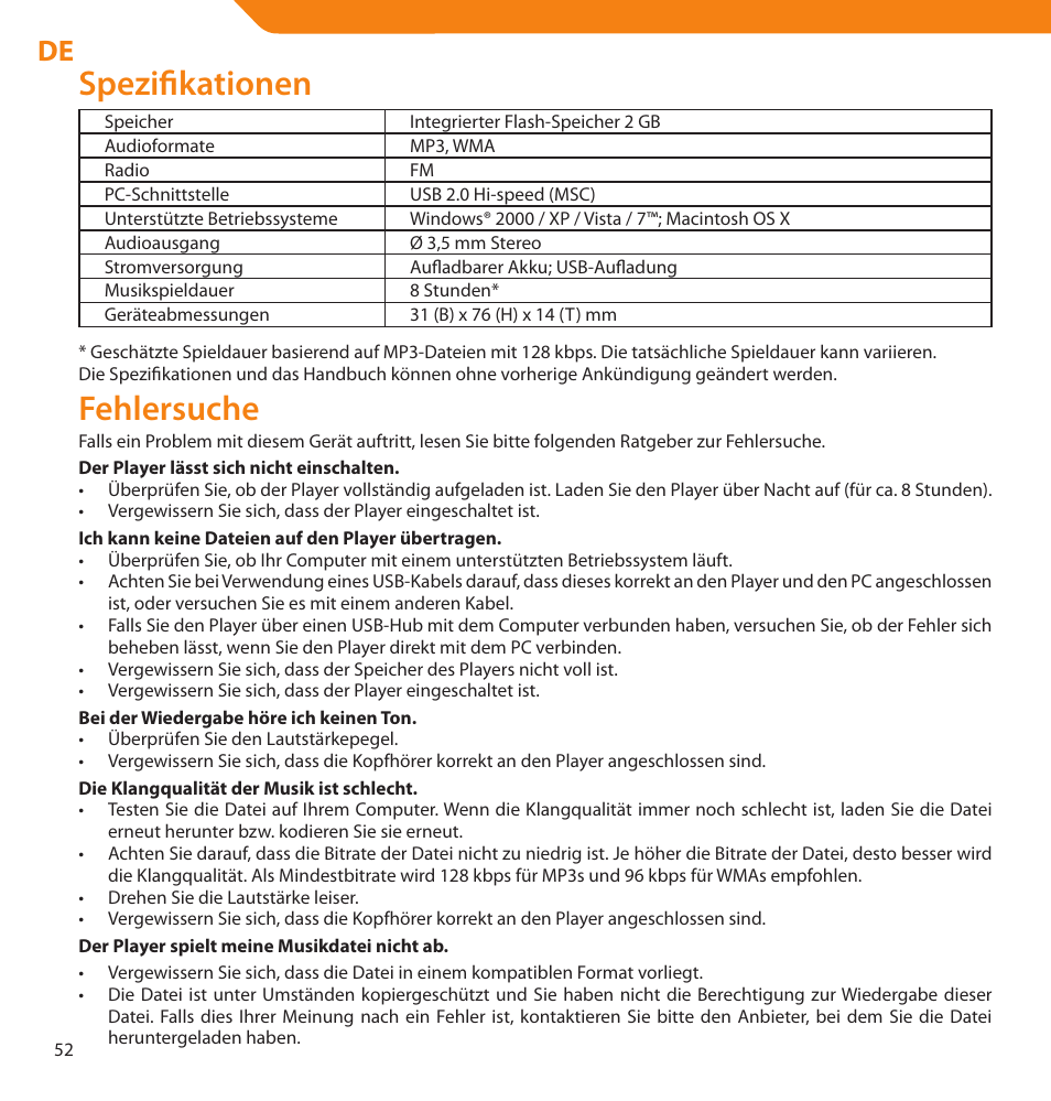 Spezifikationen, Fehlersuche | Acme V-160 User Manual | Page 52 / 70