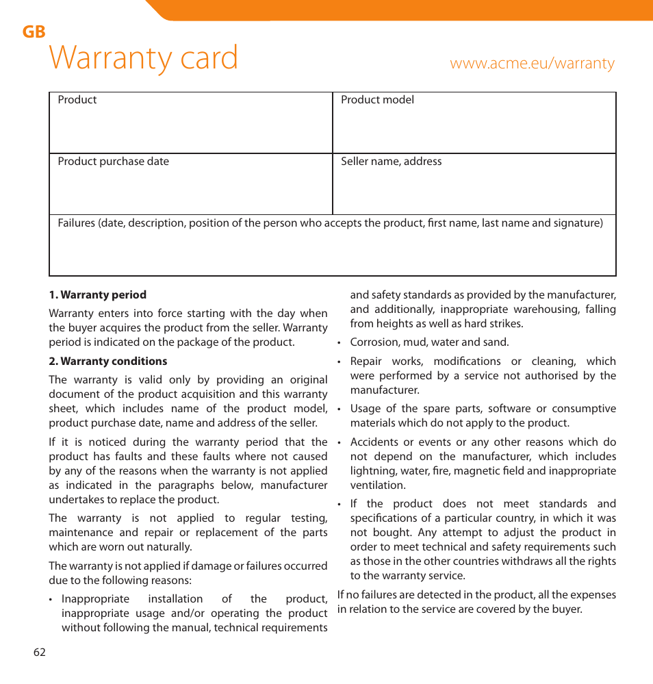 Warranty card | Acme V-160 User Manual | Page 62 / 70