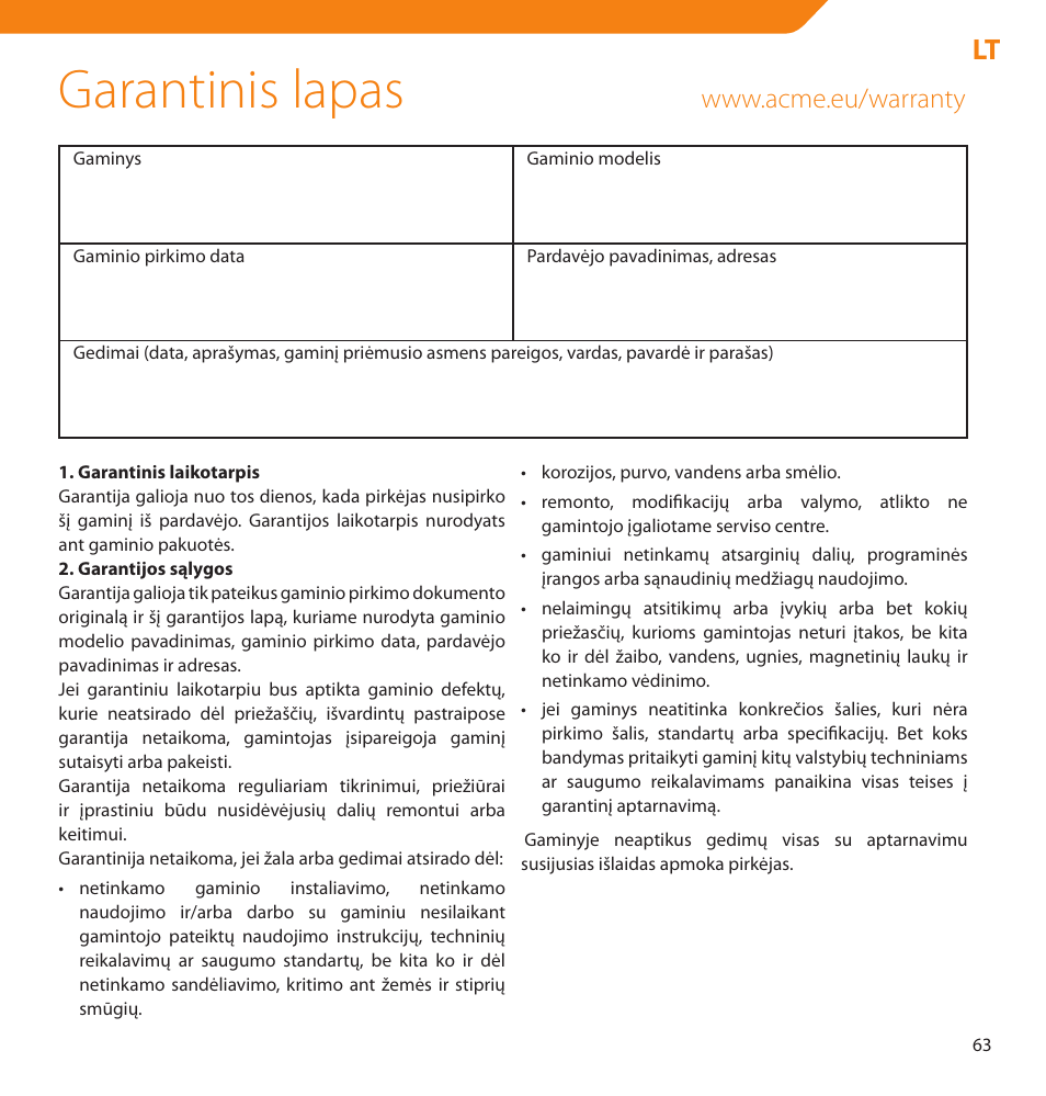 Garantinis lapas | Acme V-160 User Manual | Page 63 / 70