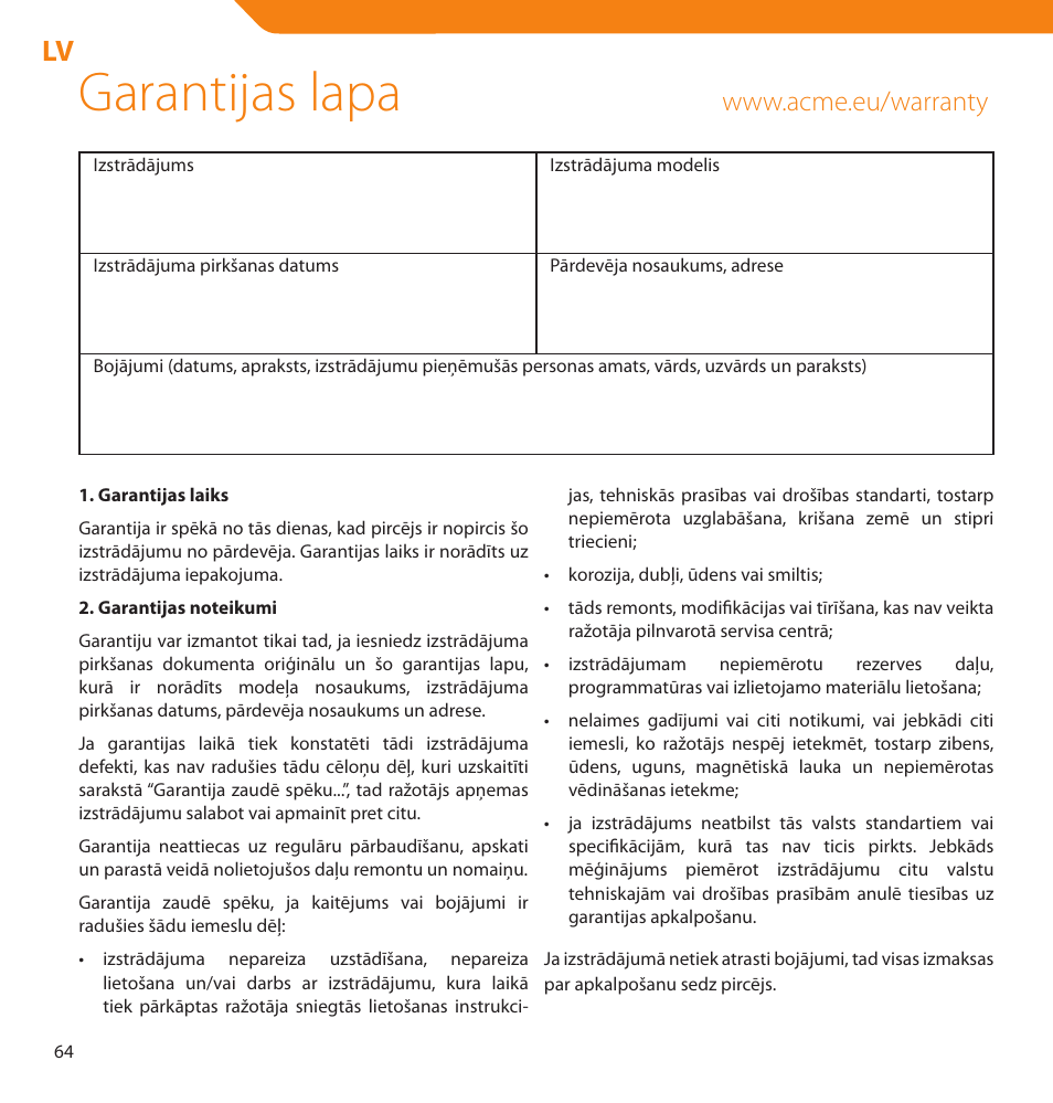 Garantijas lapa | Acme V-160 User Manual | Page 64 / 70