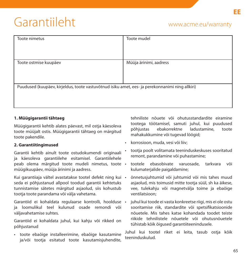 Garantiileht | Acme V-160 User Manual | Page 65 / 70