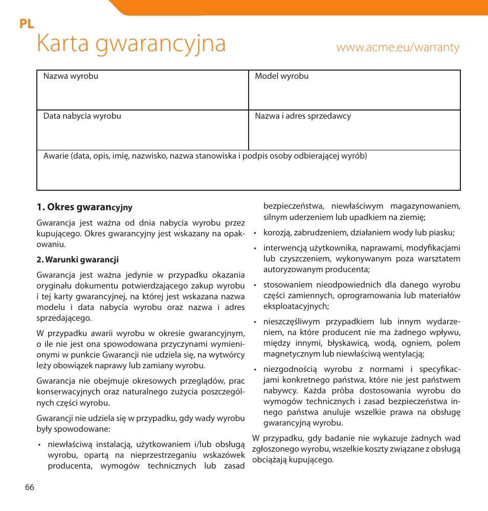 Karta gwarancyjna | Acme V-160 User Manual | Page 66 / 70