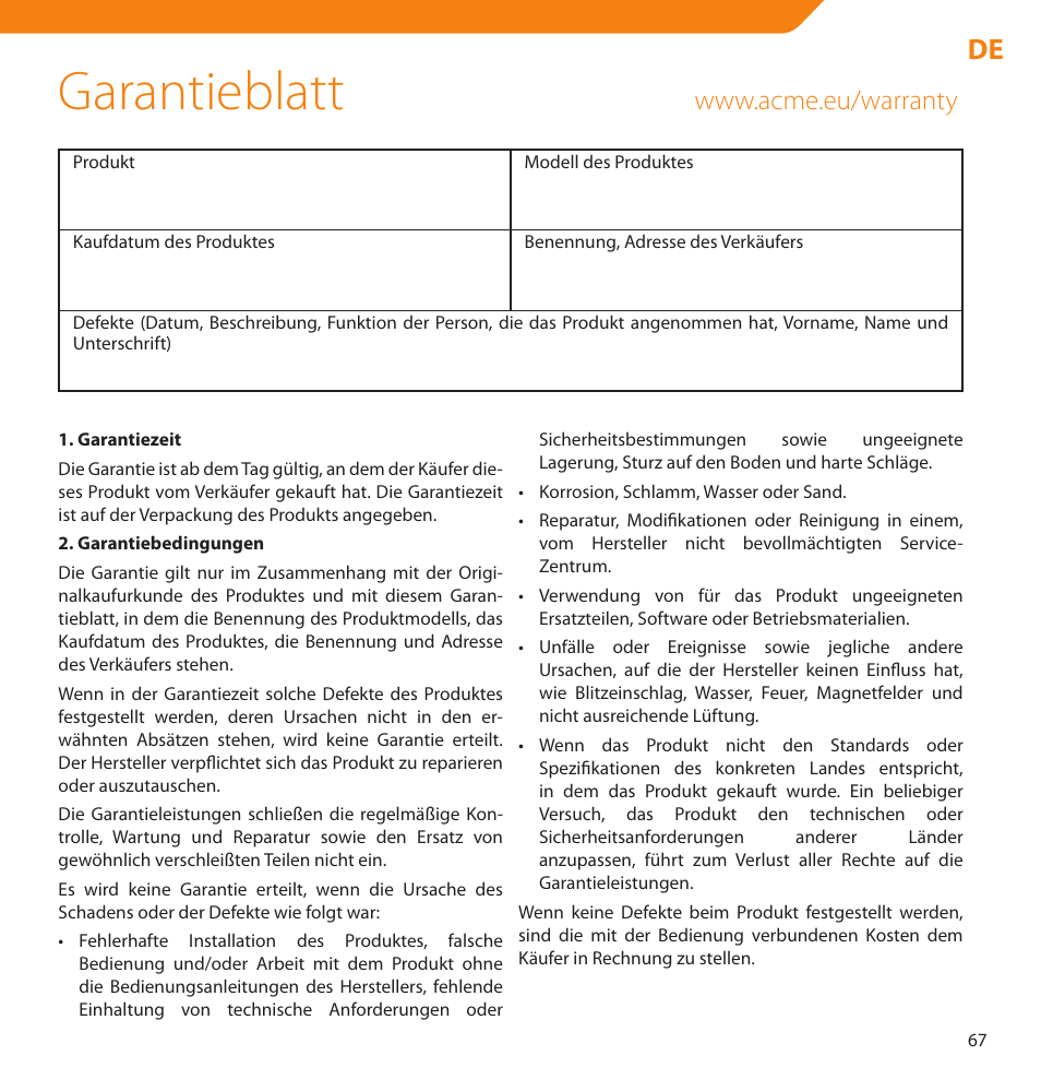 Garantieblatt | Acme V-160 User Manual | Page 67 / 70