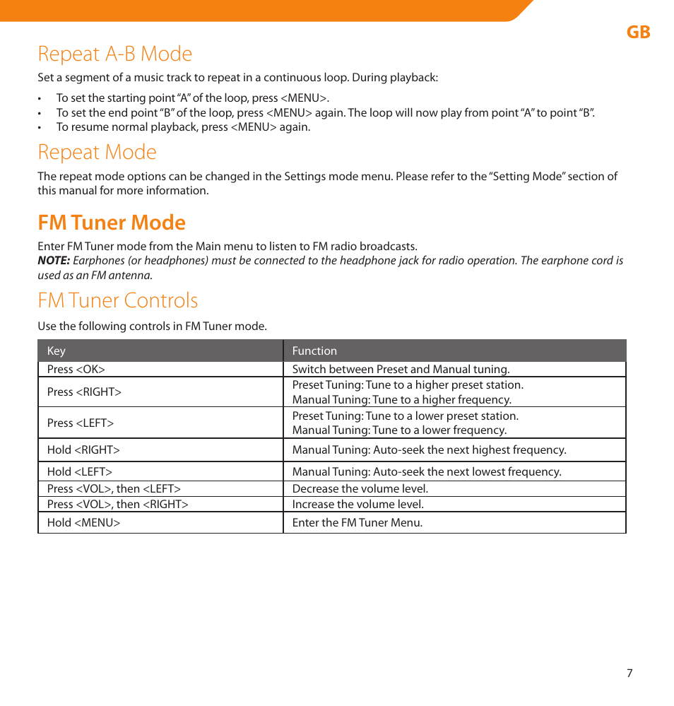 Repeat a-b mode, Repeat mode, Fm tuner mode | Fm tuner controls | Acme V-160 User Manual | Page 7 / 70