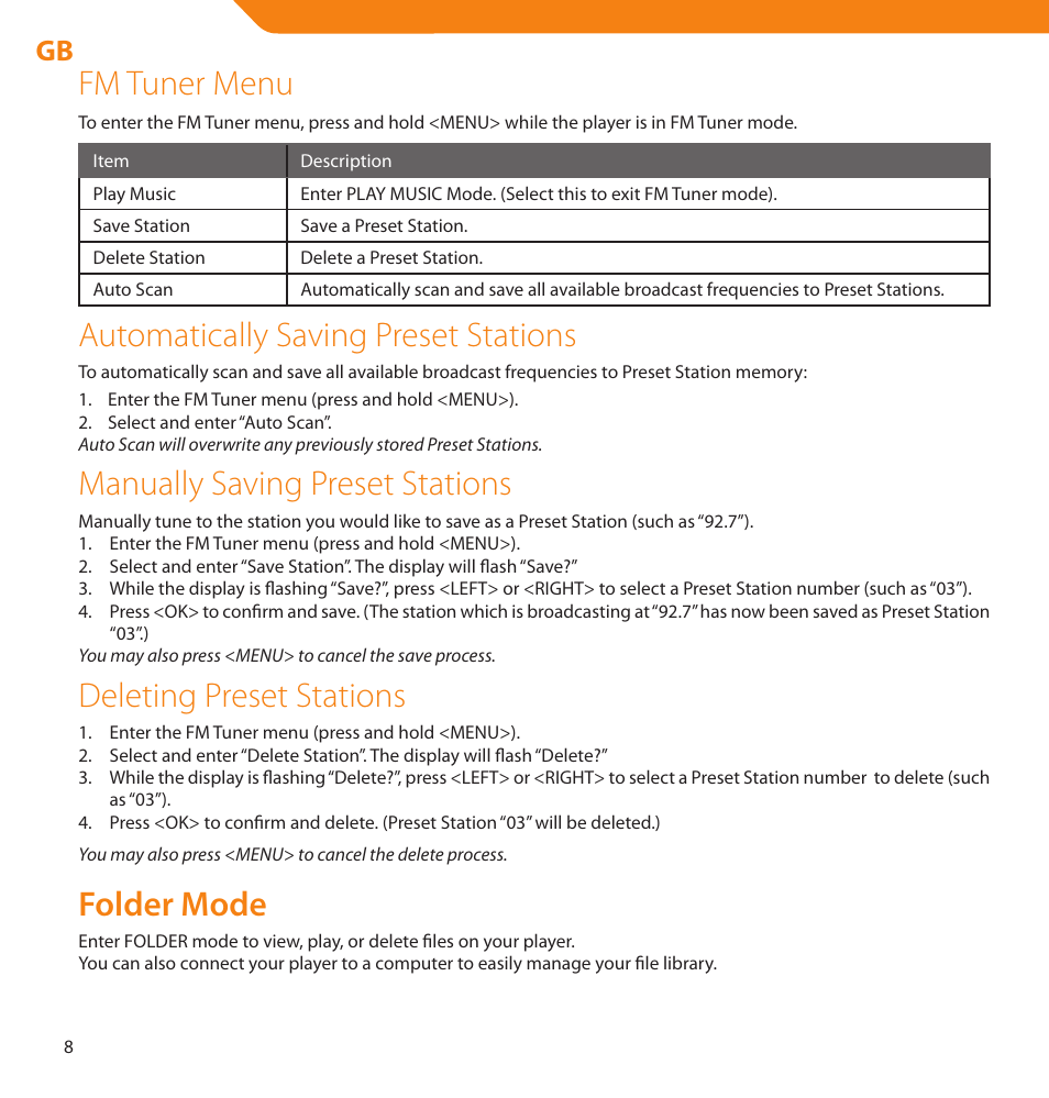 Fm tuner menu, Automatically saving preset stations, Manually saving preset stations | Deleting preset stations, Folder mode | Acme V-160 User Manual | Page 8 / 70