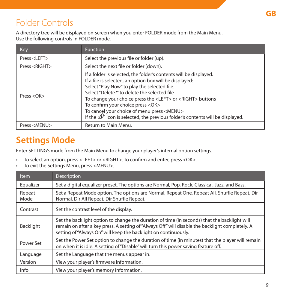 Folder controls, Settings mode | Acme V-160 User Manual | Page 9 / 70