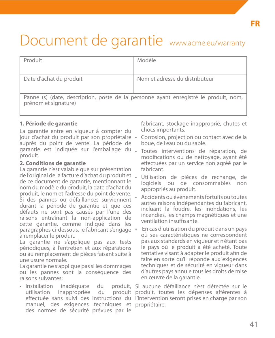 Document de garantie | Acme MW08 User Manual | Page 41 / 44