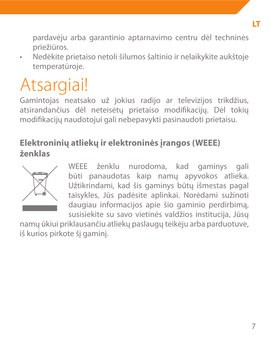 Atsargiai | Acme MW08 User Manual | Page 7 / 44