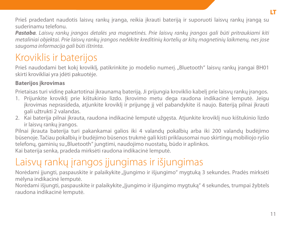 Kroviklis ir baterijos, Laisvų rankų įrangos įjungimas ir išjungimas | Acme BH-01 User Manual | Page 11 / 92