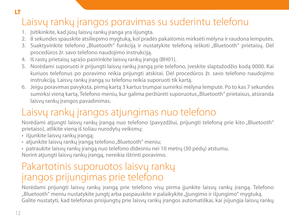 Laisvų rankų įrangos atjungimas nuo telefono | Acme BH-01 User Manual | Page 12 / 92