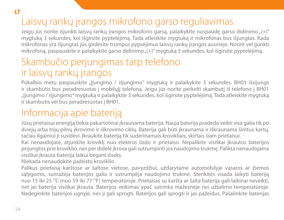 Laisvų rankų įrangos mikrofono garso reguliavimas, Informacija apie bateriją | Acme BH-01 User Manual | Page 14 / 92