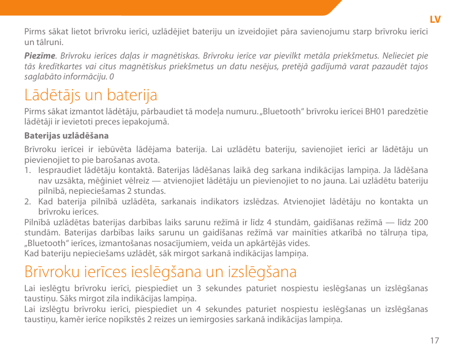 Lādētājs un baterija, Brīvroku ierīces ieslēgšana un izslēgšana | Acme BH-01 User Manual | Page 17 / 92