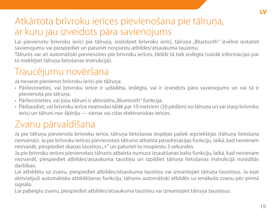 Traucējumu novēršana, Zvanu pārvaldīšana | Acme BH-01 User Manual | Page 19 / 92