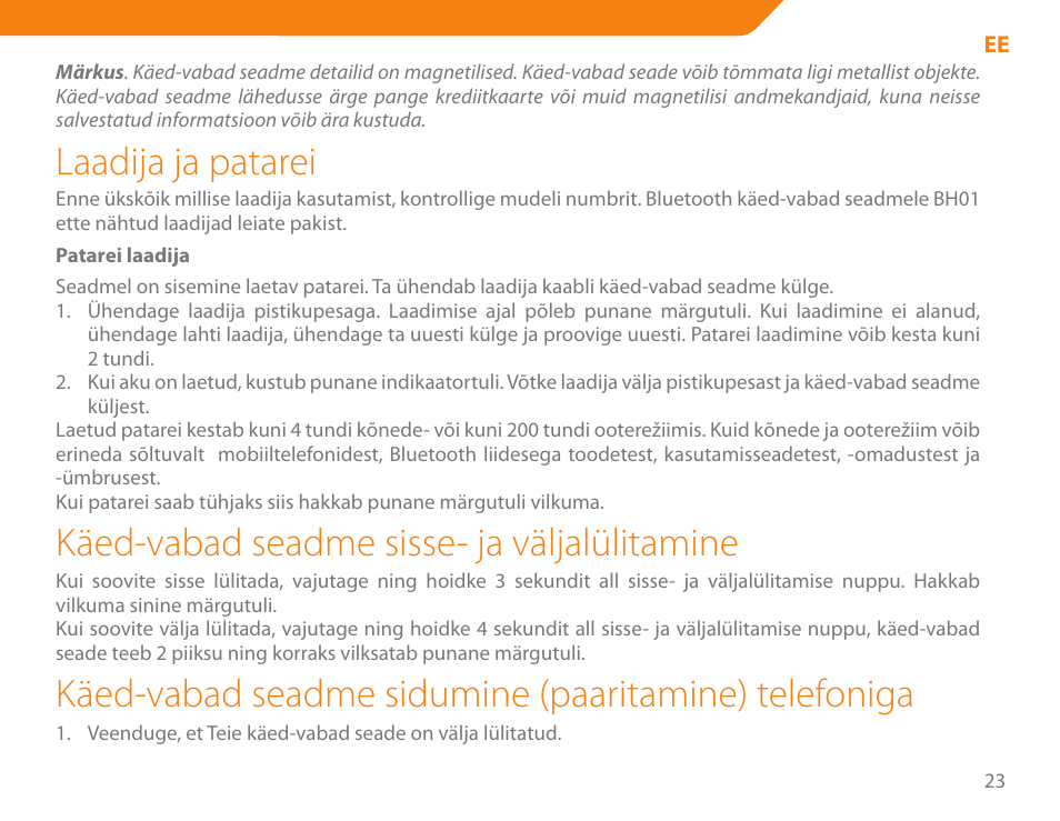 Laadija ja patarei, Käed-vabad seadme sisse- ja väljalülitamine | Acme BH-01 User Manual | Page 23 / 92
