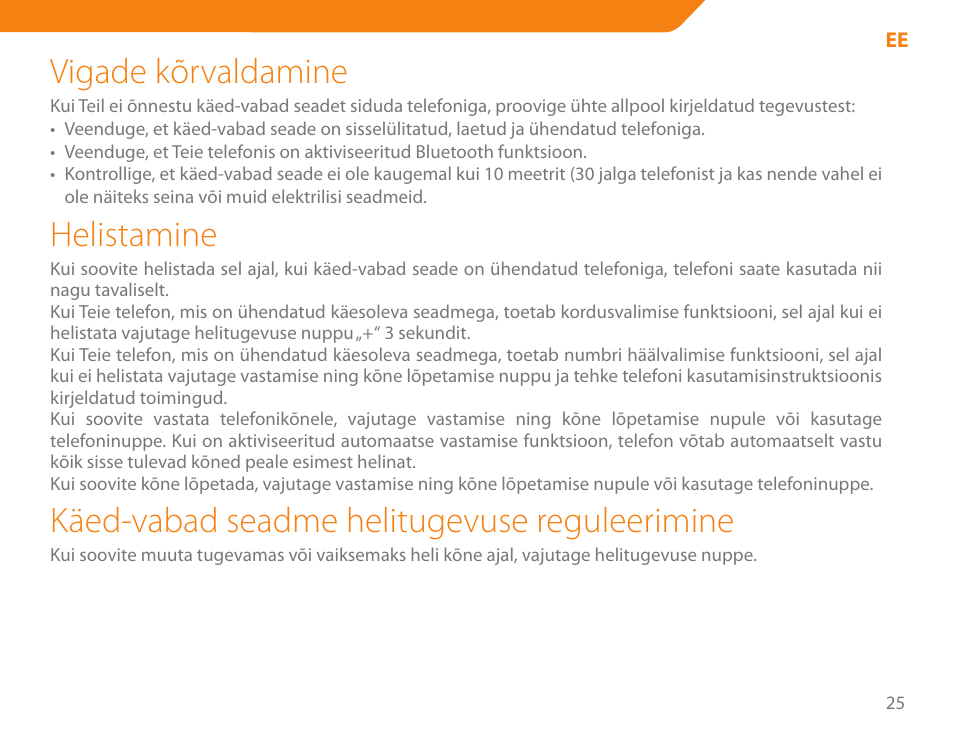 Vigade kõrvaldamine, Helistamine, Käed-vabad seadme helitugevuse reguleerimine | Acme BH-01 User Manual | Page 25 / 92