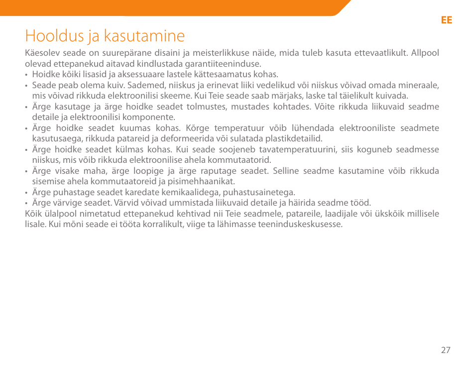Hooldus ja kasutamine | Acme BH-01 User Manual | Page 27 / 92