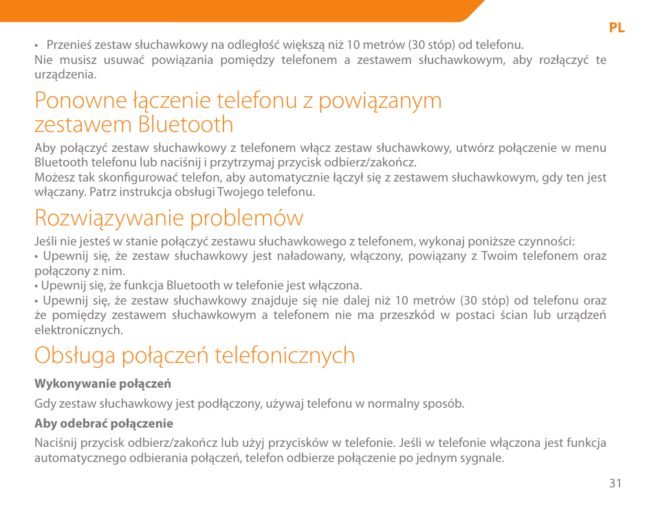 Rozwiązywanie problemów, Obsługa połączeń telefonicznych | Acme BH-01 User Manual | Page 31 / 92