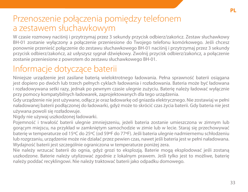 Informacje dotyczące baterii | Acme BH-01 User Manual | Page 33 / 92
