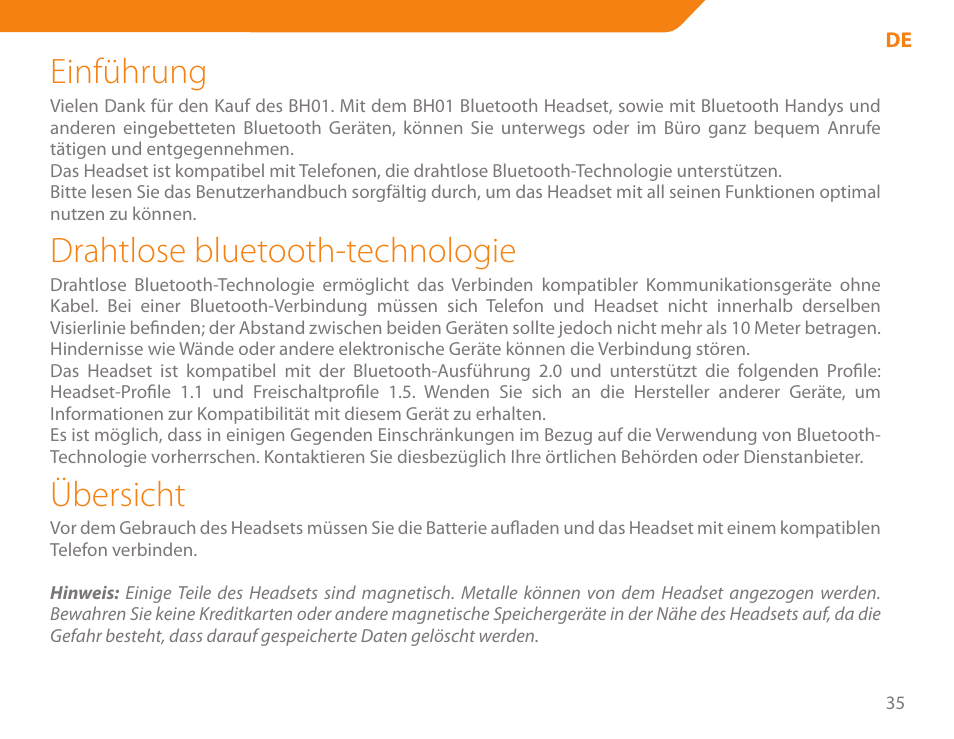 Einführung, Drahtlose bluetooth-technologie, Übersicht | Acme BH-01 User Manual | Page 35 / 92