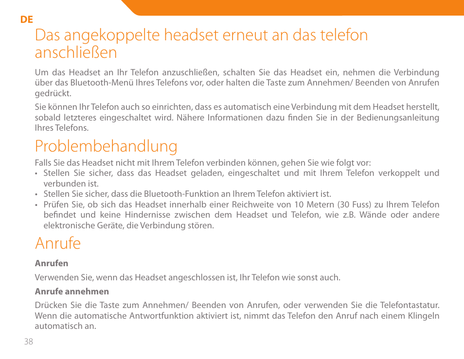 Problembehandlung, Anrufe | Acme BH-01 User Manual | Page 38 / 92