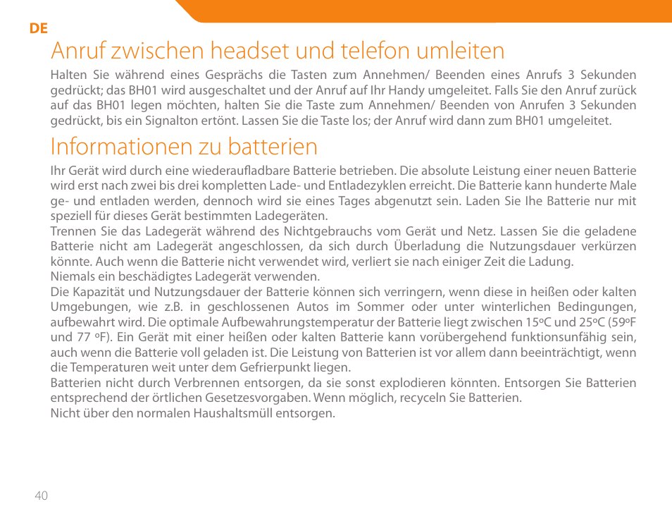 Anruf zwischen headset und telefon umleiten, Informationen zu batterien | Acme BH-01 User Manual | Page 40 / 92