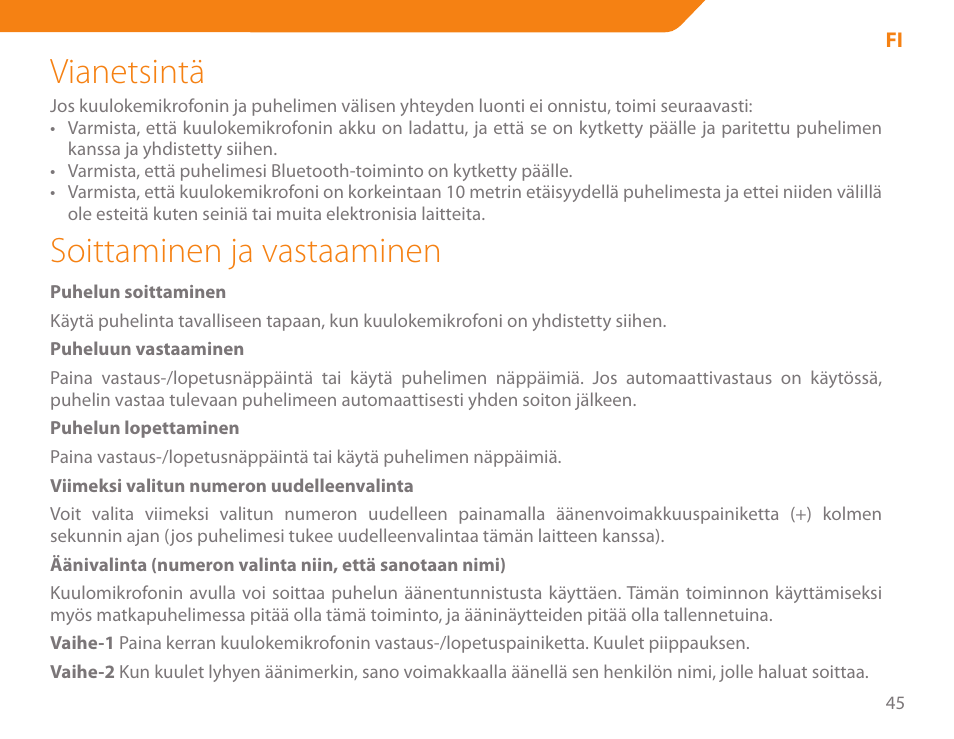 Vianetsintä, Soittaminen ja vastaaminen | Acme BH-01 User Manual | Page 45 / 92