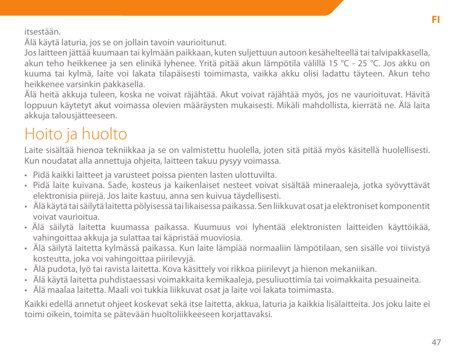 Hoito ja huolto | Acme BH-01 User Manual | Page 47 / 92